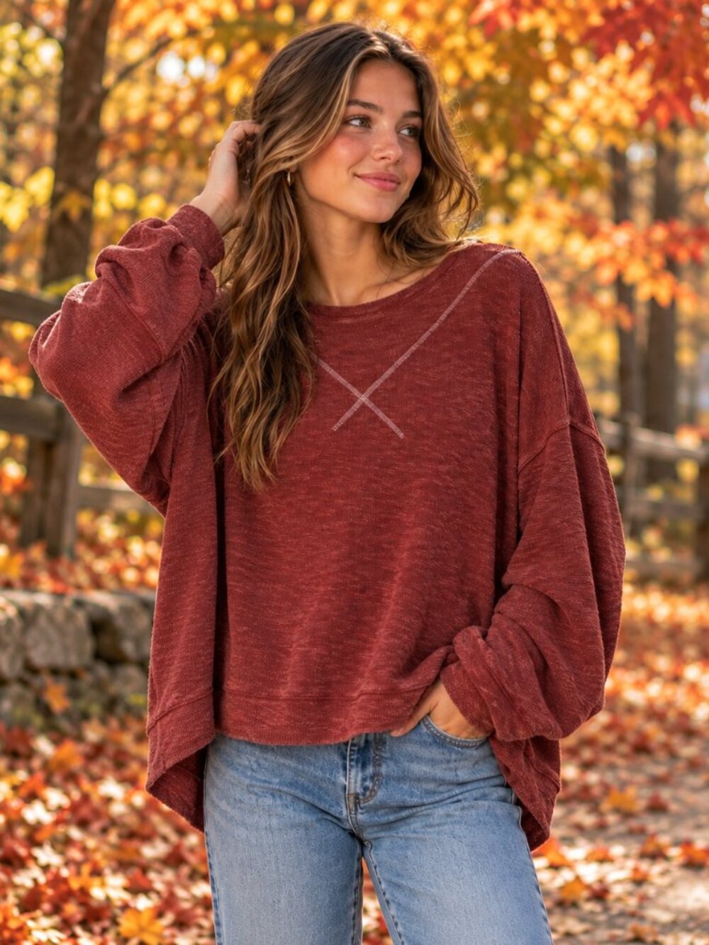 Free People We The Free Owen Thermal Top Rust Oversized Waffle Knit M